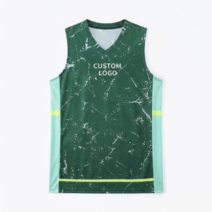 Ensemble de maillots de basket personnalisés, col en V, sans manches, imprimé marbré vert sublimé, évacuation de l'humidité, 100% polyester, adulte - Product Image 4