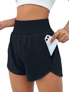 Shorts de sport taille haute élastique gris en tricot de spandex et polyester respirant style sportif avec poches coupe régulière - Product Image 6