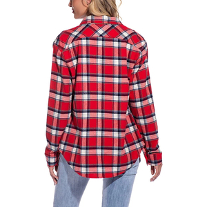Camisa de Franela a Cuadros Roja para Mujer, Manga Larga, Cuello Camisero, Estilo Casual, para Otoño, 100% Algodón - Product Image 5