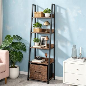 5-Tier Narrow <b>Ladder</b> <b>Shelf</b> with Fabric Drawer Anti-Tip Device Wooden Metal <b>Industrial</b> Bookshelf - Product Image 1