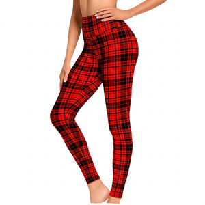 High Waist Plaid Yoga <b>Leggings</b> Full Length Four-Way Stretch Spandex Polyester Elastic Waist Printed Pants - Product Image 2