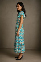 Robe longue élégante à imprimé floral en coton durable, coupe évasée à volants, artisanale, turquoise vert sauge, style ethnique, taille naturelle