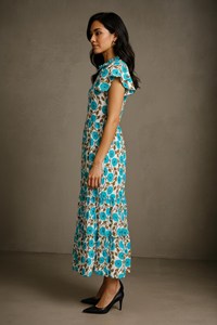 Elegante Vestido Maxi Floral con Estampado de Flores, Algodón Sostenible, Corte en A con Volantes, Artesanal, Color Verde Salvia Turquesa, Estilo Étnico, Cintura Natural - Product Image 5