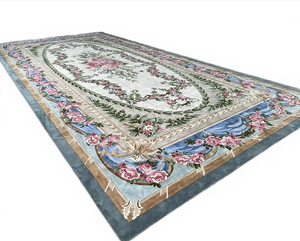 Alfombra Clásica con Diseño Floral, Rectangular, de Lana, Hecha a Mano, con Base de Látex Antideslizante, para Sala de Estar, Pelo Plano, Diseño Azul y Rosa - Product Image 1