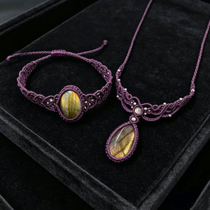 Collar Boho con Colgante de Hilo de Seda Morado y Piedra Natural con Engaste de Bisel en Forma de Gota de Agua, Joyería para Mujer - Product Image 3