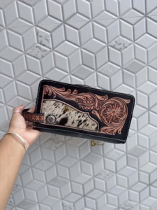 Fashionable Hot Selling Hand <b>Tooled</b> Cowhide <b>Leather</b> Travel Organizer Large Capacity Zipper Hanging Cosmetic Makeup Bag for Women - Product Image 1
