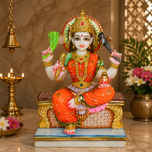 Marble Ganga Mata Murti | Seated Ganga Devi Statue with Sacred Pot and Ornate Throne by MALIYAS Jaipur - Product Image 1