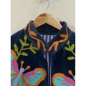 Hand Embroidered <b>Velvet</b> Knitted Cotton <b>Jacket</b> <b>Women</b> Mandarin Collar Full Sleeve Floral Pattern Open Front Prairie Winter/Spring - Product Image 5