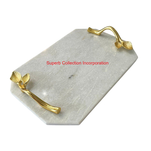 Rectangular Decorative White <b>Marble</b> Serving Tray With Gold Metal Embossed <b>Tree</b> Branch Handles Top Selling and High Quality - Product Image 3