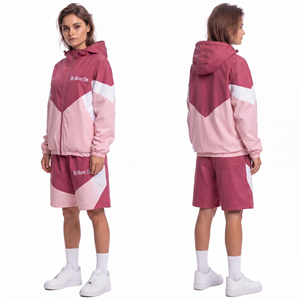 <b>Women's</b> Colour Blocking Windbreaker <b>Twin</b> Shorts <b>Set</b> Lightweight <b>Women</b> Hooded Jacket 100% Nylon Printed Shorts <b>Set</b> - Product Image 4