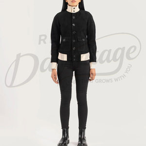 Women Black Genuine Suede <b>Leather</b> <b>Jacket</b> High Neck Button Up Slim Fit Casual Winter Bomber Coat Ribbed Knit Trim Outerwear - Product Image 4