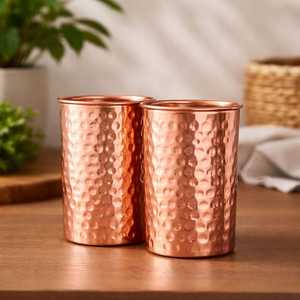 100% Pure <b>Copper</b> Tumbler Water Drinking Hammered <b>Cup</b> Mug Glass: Solid <b>Copper</b> kupferbecher, Ayurveda Benefits, Gym Travel - Product Image 1