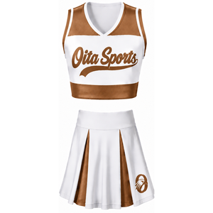 Ensemble d'uniforme de cheerleading sublimé blanc et marron sans manches, haut et jupe pour équipe sportive, tenue de sport pour entraînement, performance et compétition - Product Image 1