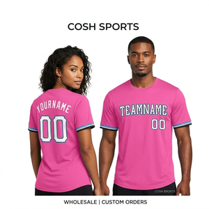 Nouveau design T-shirt rose d'équipe avec impression personnalisée du nom et du numéro, coupe athlétique, col rond, manches courtes, maillot pour hommes et femmes - Product Image 1