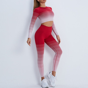 Ensemble de yoga côtelé sans couture pour femme à manches longues, tenue de sport deux pièces, vente chaude - Product Image 2