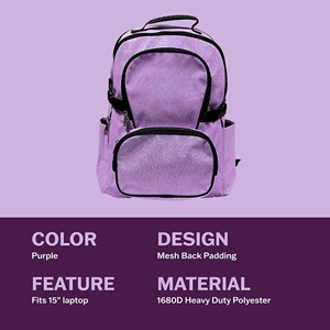 Mochila de Animadoras Personalizada, Color Lavanda Morado Brillante con Ribete Negro, Bolsillos Múltiples, Bolsa para Equipo, OEM - Product Image 3