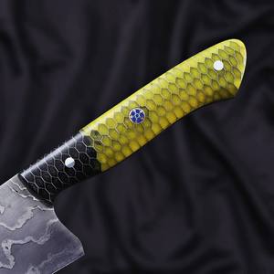 Finished Elegant Stainless Steel Damascus Chef Knife with Black & Green Honeycomb Handle, Mosaic Pin & Silver Accents - Product Image 2