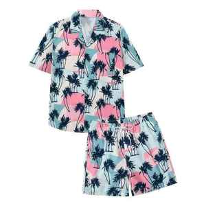 Ensemble chemise et short pour homme à imprimé palmiers tropicaux, respirant, décontracté, tenue d'été deux pièces, fournisseur en gros - Product Image 3