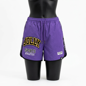 Shorts Deportivos de Nailon Ligero Premium de 120 GSM para Mujer, Diseño con Paneles Laterales Morados, Logotipo Bordado Personalizado - Product Image 1