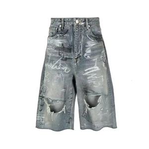 Pantalones cortos de mezclilla para hombre, con lavado ácido, efecto desgastado, pedrería, doble rodilla, estilo vintage, con efecto desgastado, lisos, tipo cargo, holgados y baggy - Product Image 2