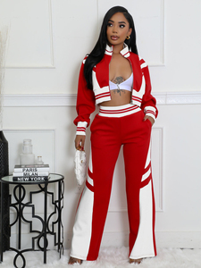 Custom 2026 Women Red Black 2 Piece Tracksuit Set Zip Up Crop Jacket Wide Leg <b>Pants</b> Casual Sporty Streetwear Outfit - Product Image 2