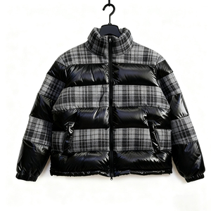 Fabricant de vestes d'hiver matelassées personnalisées, noir brillant et gris à carreaux, vêtements d'extérieur chauds pour hommes, fermeture éclair intégrale, col montant, manteau rembourré en duvet - Product Image 1