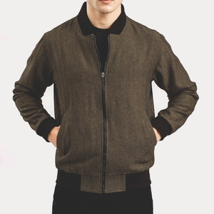 <b>Men's</b> <b>Herringbone</b> Wool Blend Bomber <b>Jacket</b> Zipper Closure Turn-down Collar Casual Autumn Wear Regular Fit <b>Jacket</b> - Product Image 1