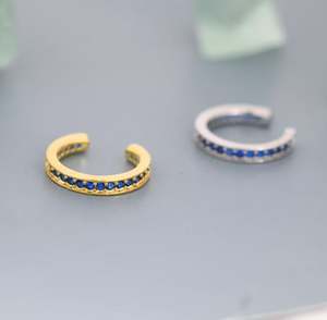 Manchette d'oreille en argent sterling avec zircon cubique bleu saphir, boucles d'oreilles minimalistes sans perçage, argentées ou dorées - Product Image 4