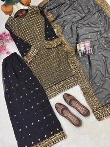 Conjunto de Kurti y Palazzo de Georgette Negro y Dorado para Mujer con Bordado de Lentejuelas y Zari, Dupatta Completamente Cosida, Traje Étnico de Tres Piezas para Fiesta - Product Image 1