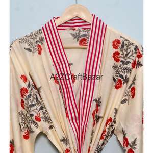 ชุดกิโมโนผ้าฝ้ายเนื้อนุ่มพิมพ์ลายด้วยมือสำหรับผู้หญิง คอวี แขนสามส่วน ยาวเต็มตัว มีเชือกผูก ระบายอากาศได้ดี แห้งเร็ว - Product Image 3