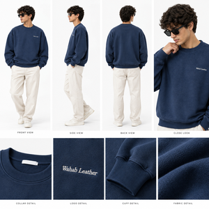 Customize Men's Regular Fit Crew Neck <b>Sweatshirt</b> Solid <b>Navy</b> Blue Embroidered Logo Casual Knitted 100% Cotton Eco-Friendly Winter - Product Image 4