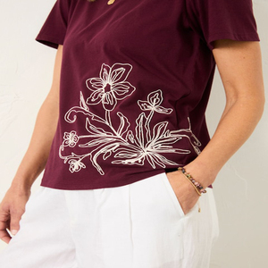 Camiseta de Mujer con Cuello Redondo y Bordado Floral Color Borgoña, Manga Corta, Corte Regular, Informal, 100% Algodón, Tejido de Punto, Diseño Personalizado - Product Image 4