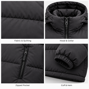 Male <b>Jacket</b> Charcoal Black Nylon <b>Padded</b> <b>Hooded</b> Zip up Horizontal Quilted Baffle Winter Puffer <b>Jacket</b> - Product Image 5