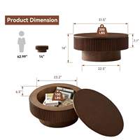 Mesa de Centro Redonda Marrón Moderna y Minimalista con Borde Acanalado y Almacenamiento Oculto para Sala de Estar, Hotel o Apartamento