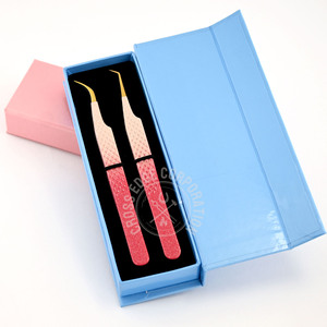 Pinzas de extensión de pestañas con punta de fibra rosa con logotipo personalizado Pinzas de pestañas de volumen en forma de X Punta de 45 90 grados Pinzas de acero inoxidable - Product Image 1