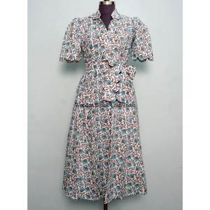 Vestido Midi de Verano con Estampado Floral de Diseño Vintage, Manga Corta, Informal, de Algodón, con Cinturón, para Mujer, Venta al por Mayor y Fabricación - Product Image 1