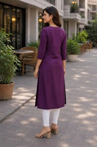 Purple Embroidered Cotton <b>Kurta</b> For <b>Women</b> Ankle Length Traditional Casual Wear India Pakistan Style Regular Fit <b>Women</b> Kurtis - Product Image 6