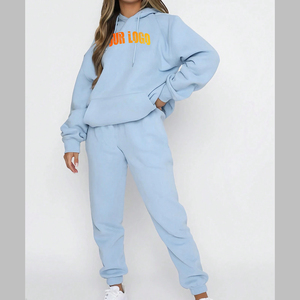 Conjunto Deportivo para Mujer, Azul Claro, con Capucha, 100% Algodón, Corte Holgado, Sudadera y Pantalones Casuales, Estampado Frontal con Letras, Ropa de Otoño - Product Image 5