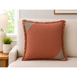 Housse de coussin en lin de qualité supérieure avec bordure à franges et patch d'angle contrastant noir |   Coussin carré décoratif pour canapé et maison - Product Image 2
