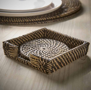 Handcrafted round rattan coasters with porcelain blue floral center inlay <b>for</b> drink <b>tables</b>, available at wholesale prices. - Product Image 4