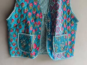 Chaleco Acolchado Floral Turquesa para Mujer, Sin Mangas, Frente Abierto, Bolsillos de Parche, Estilo Primavera, Chaqueta Reversible, REGALO PARA ELLA - Product Image 2