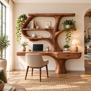 Escritorio de Madera Natural Sólida Hecho a Mano, Estilo Contemporáneo, Montado en la Pared, con Estantes en Forma de Árbol y Cajón para Oficina en Casa - Product Image 1