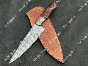 Couteau de chef de luxe en acier Damas, lame pleine longueur, tranchant comme une rasoir, manche en bois de rose, étui en cuir, ambidextre, haute dureté - Product Image 6