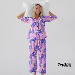 Traje de dos piezas con estampado de cuello vuelto, pijama de seda suelto, manga larga, ropa de dormir para mujer, conjunto de trajes para mujer - Product Image 2