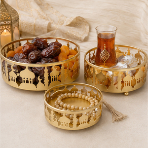 Factory Wholesale 3Pcs Gold Metal Ramadan Serving <b>Trays</b> Set Hollow Out Mosque Laser Cut Eid Mubarak Food <b>Storage</b> Container - Product Image 4