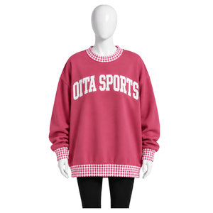 Mens Rose <b>Pink</b> Oversized Crewneck <b>Sweatshirt</b> With Checkered Neckline And Cuffs Long Sleeve Graphic Pullover Casual Fashion Top - Product Image 1