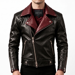 Blouson Biker Homme Noir Bordeaux Effet Cuir Col Large Contrastant Fermeture Éclair Coupe Slim Personnalisable OEM ODM Vente en Gros - Product Image 1