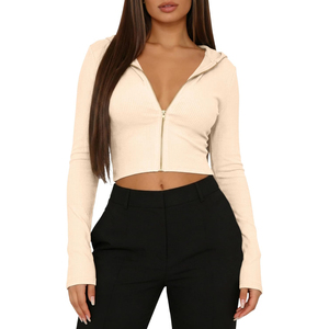 Sweat-shirt court zippé à capuche côtelé beige de haute qualité pour femme, à manches longues, couleur unie, tricoté, pour l'automne, OEM ODM - Product Image 1