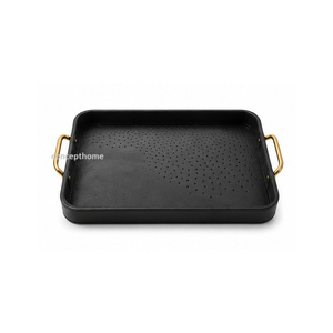 Plateau de service rond en cuir brun avec poignées dorées pour usage résidentiel - Product Image 5