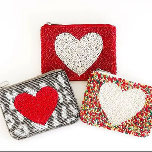 Nouvelle Pochette à Monnaie Vintage en Nylon Rouge et Blanc Faite à la Main avec Perles en Forme de Cœur, Fermeture Éclair, Cadeau de Saint-Valentin, Porte-Monnaie Personnalisé - Product Image 1